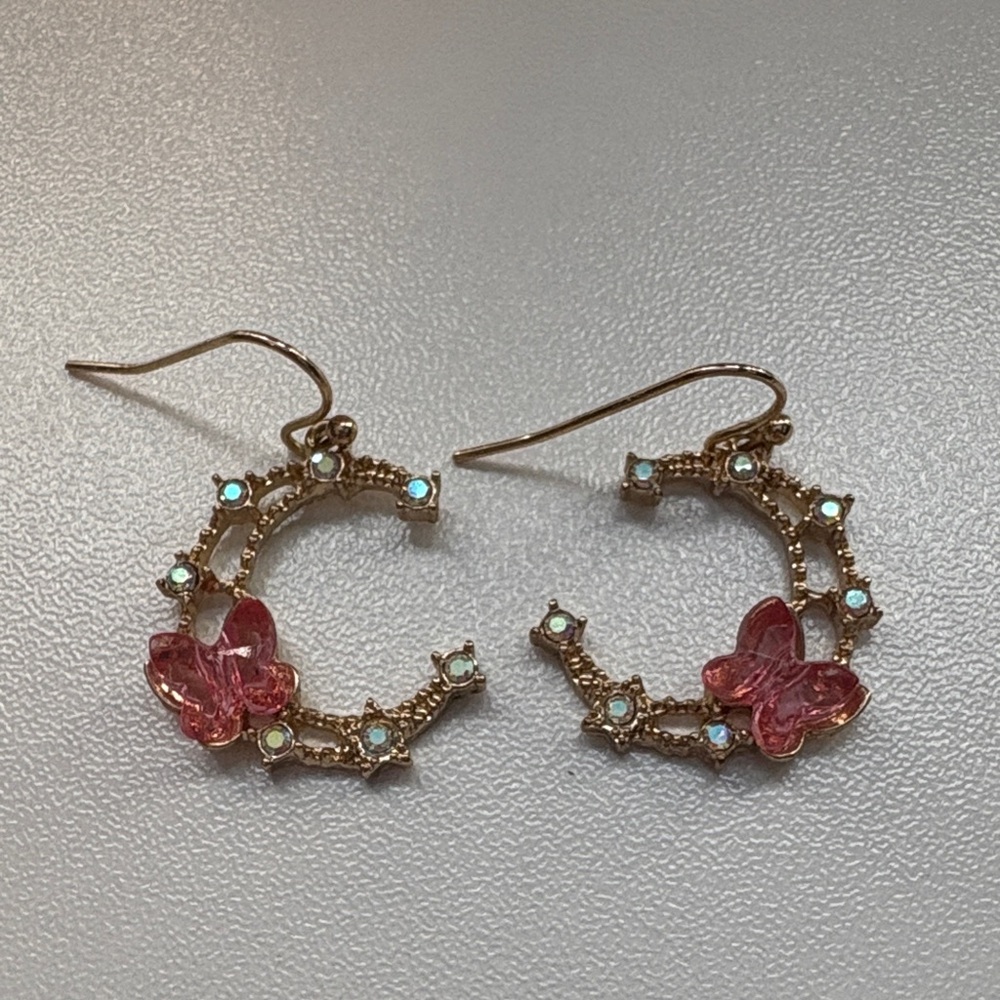 Gold-Tone Pink Butterfly Hoop Earrings - Women Jewelry